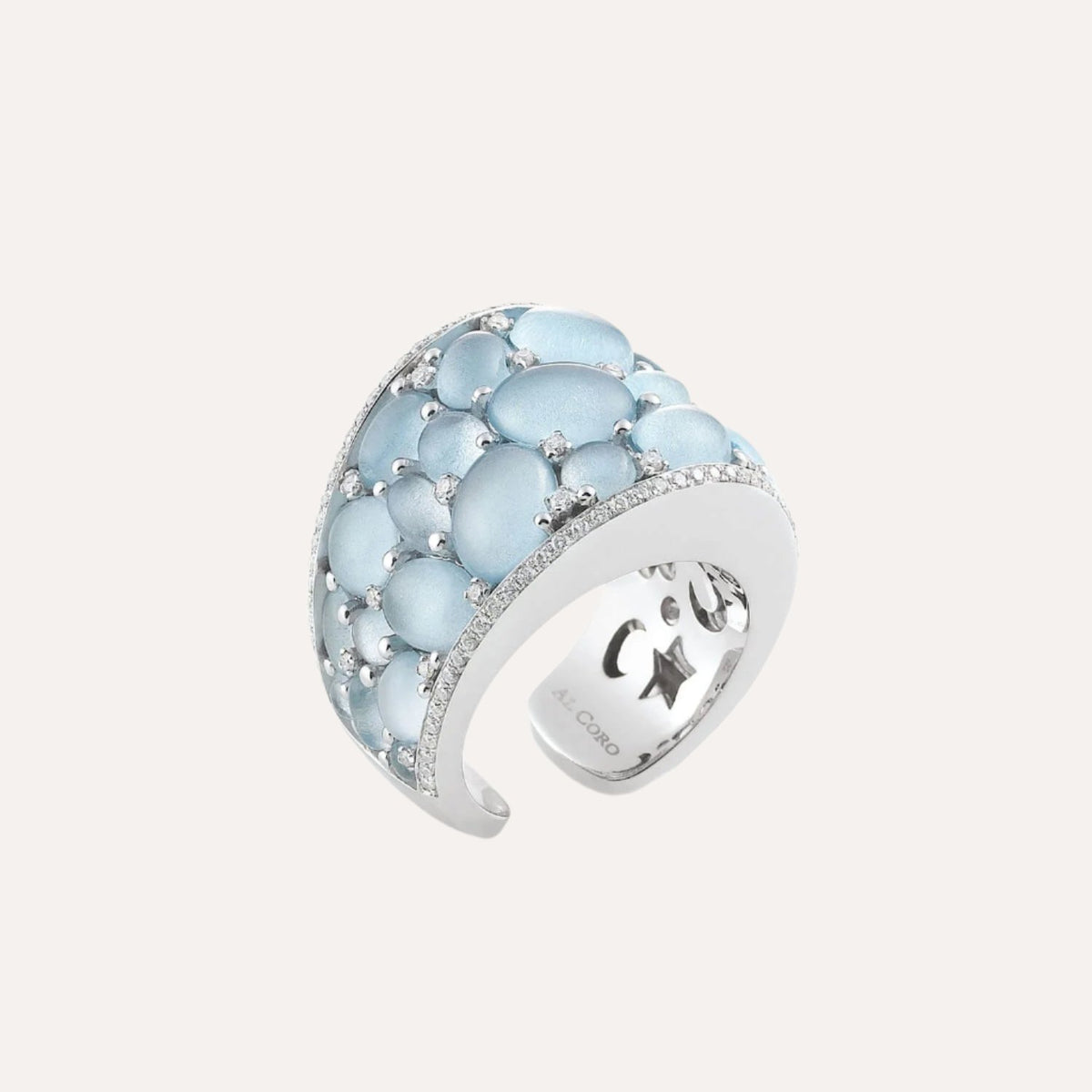 Al Coro Mezzaluna Diamond Ring with Sky Blue Gemstones