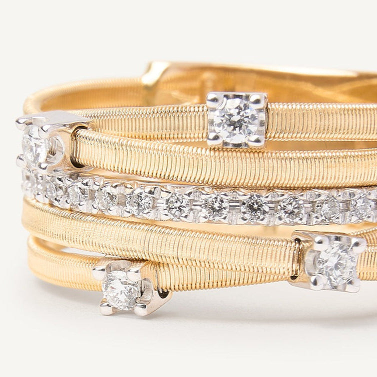 Five-band yellow gold ring with prong-set diamonds and a diamond-studded plaque AG270-B2 YW