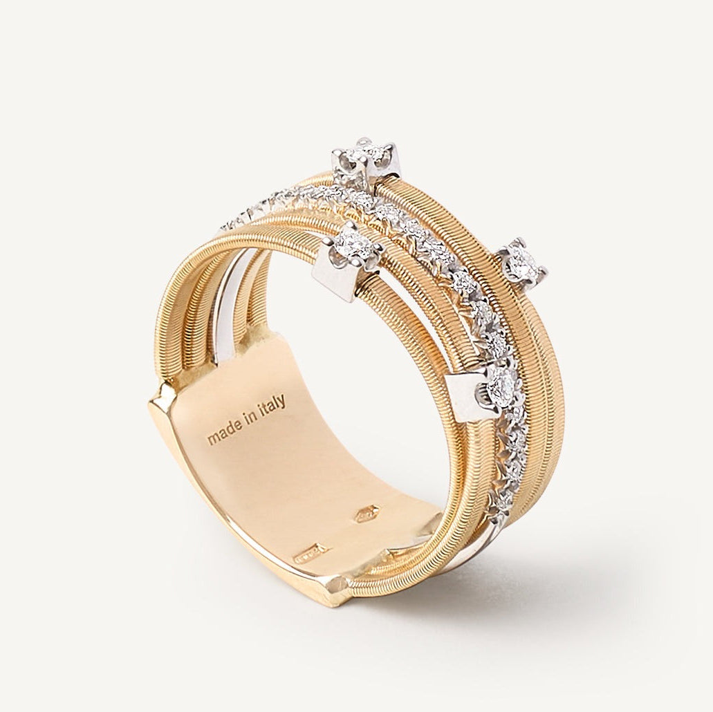 Five-band yellow gold ring with prong-set diamonds and a diamond-studded plaque AG270-B2 YW