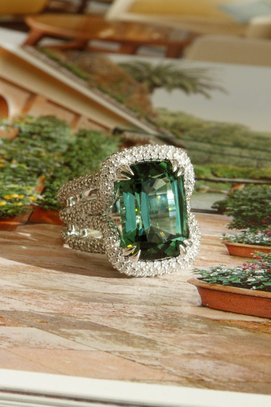 Green Tourmaline and Diamond Ring in 18k White Gold