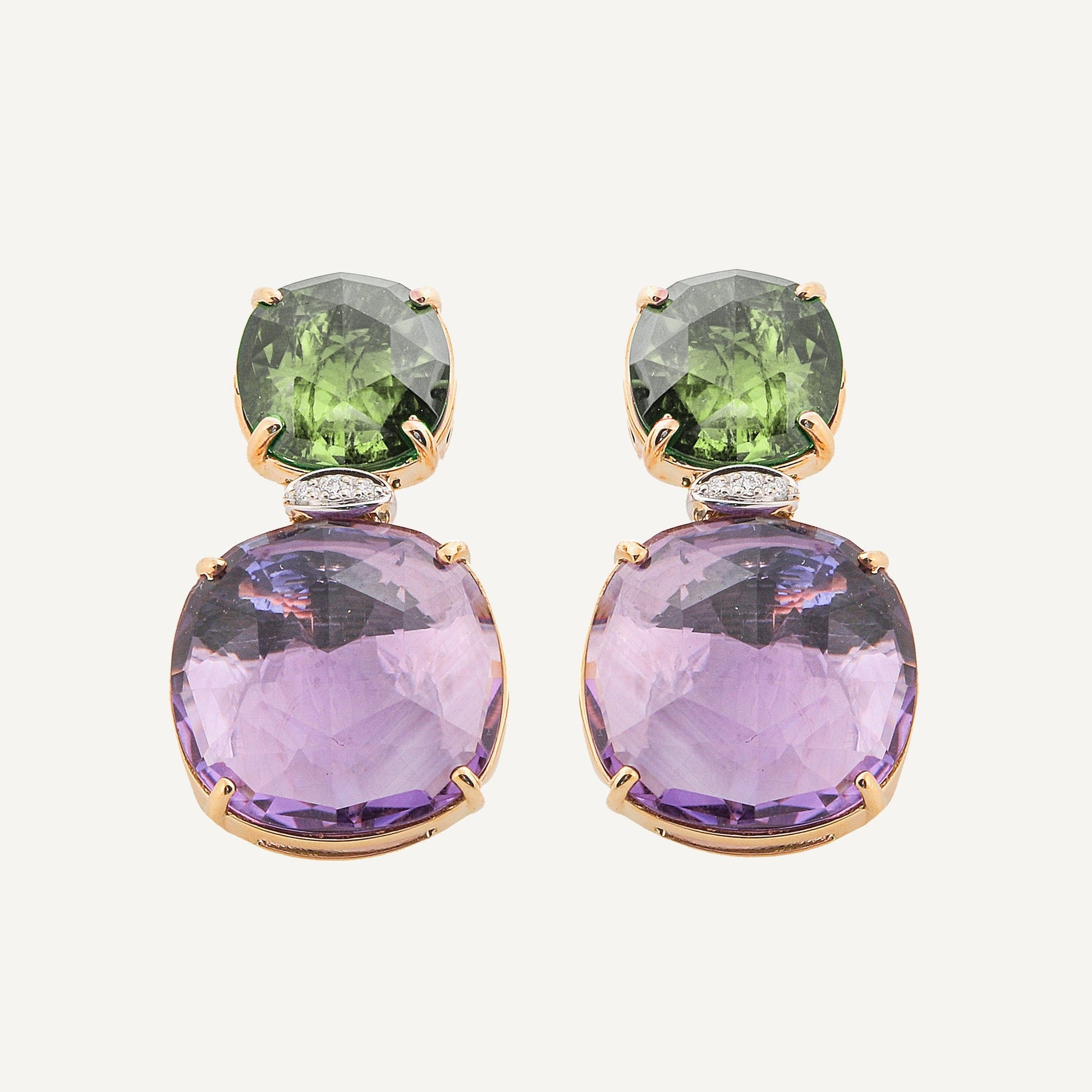 18kt Yellow Gold Drop Earrings with Green Tourmaline, Amethyst, and Diamond Pavé