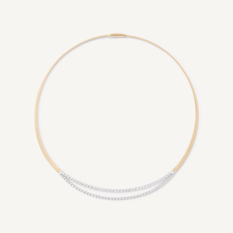 A single 18K yellow gold coil strand, carefully created with the brand’s exclusive coil technique and embellished with two brilliant-cut diamond bars.