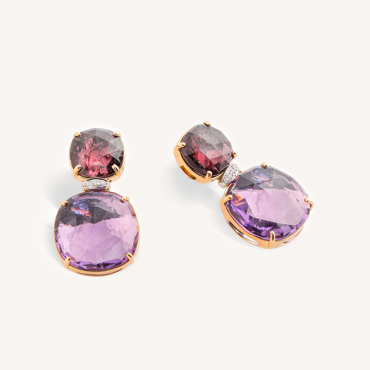 18kt Yellow Gold Drop Earrings with Pink Tourmaline, Amethyst, and Diamond Pavé