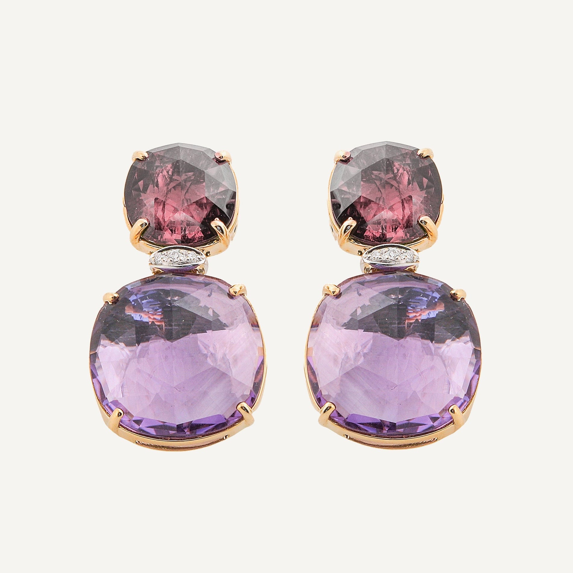 18kt Yellow Gold Drop Earrings with Pink Tourmaline, Amethyst, and Diamond Pavé