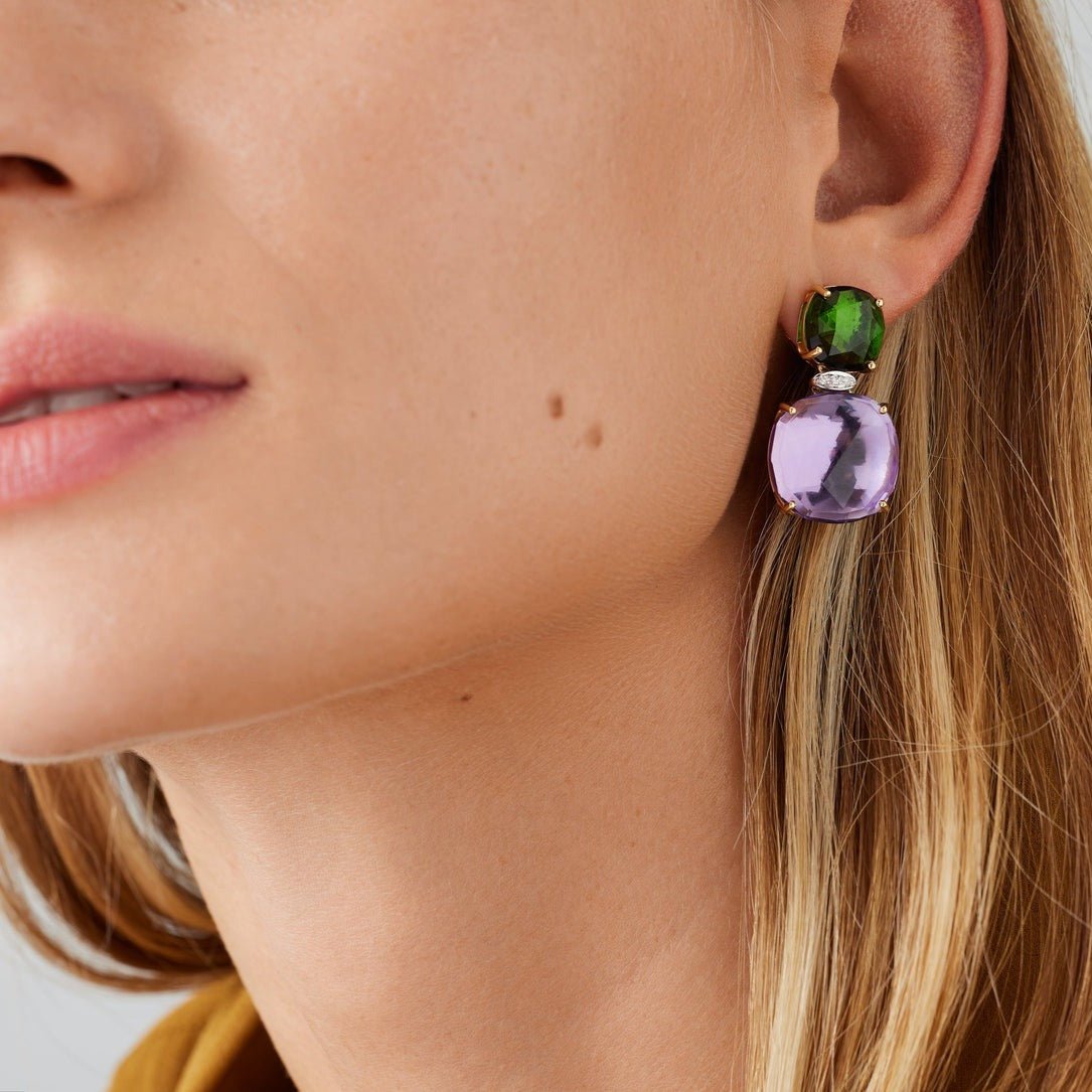 18kt Yellow Gold Drop Earrings with Pink Tourmaline, Amethyst, and Diamond Pavé