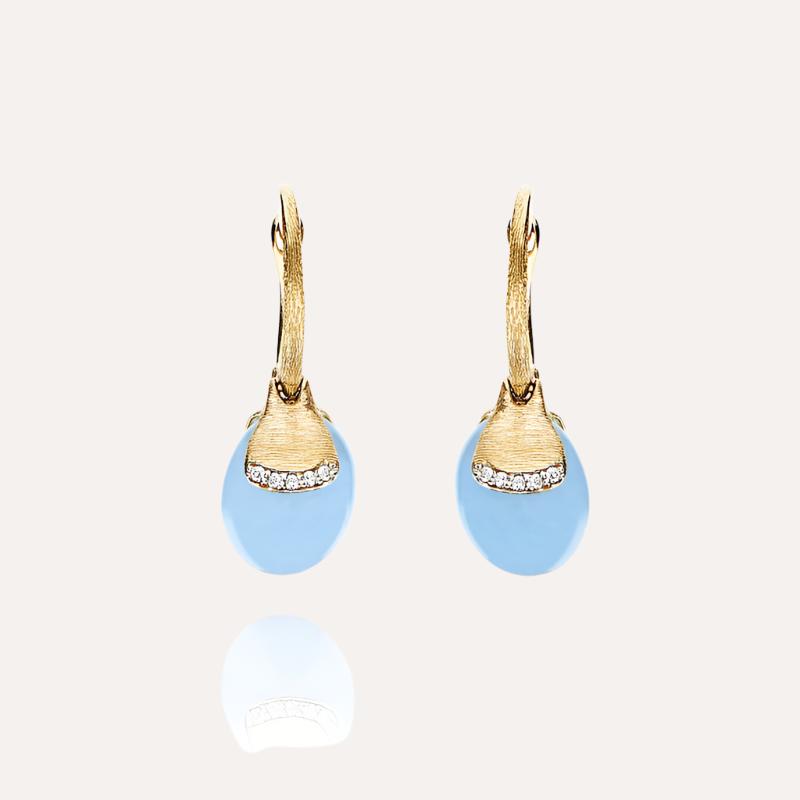 gold and milky aquamarine ball drop earrings with diamonds