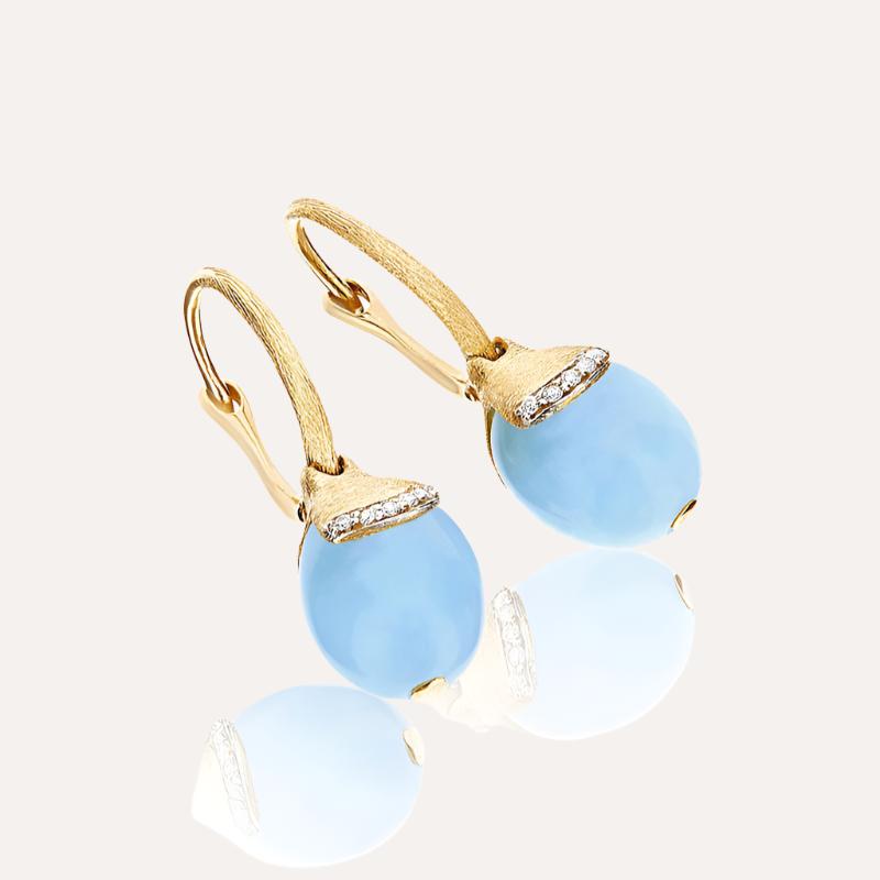 gold and milky aquamarine ball drop earrings with diamonds