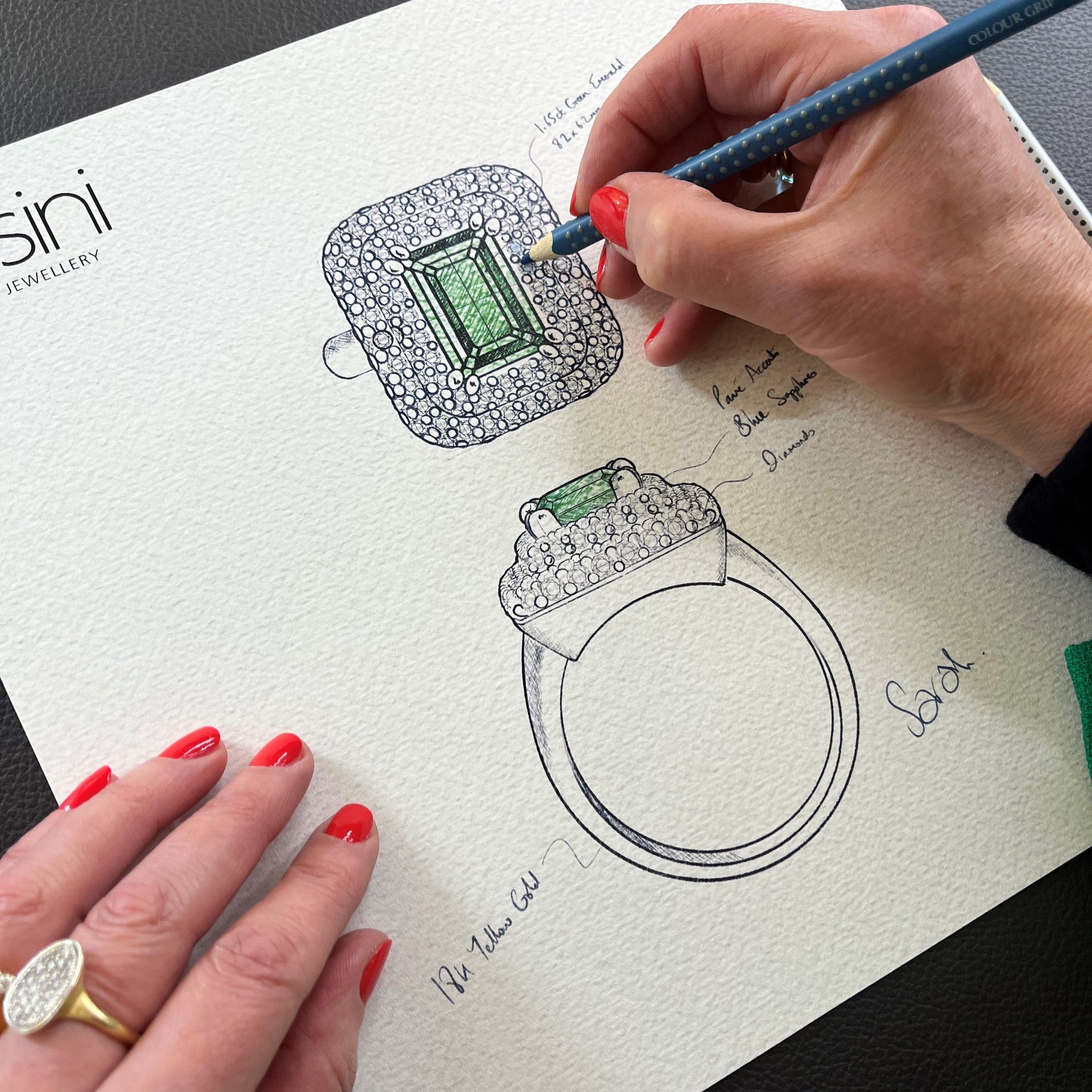 Sarah designing a bespoke emerald ring