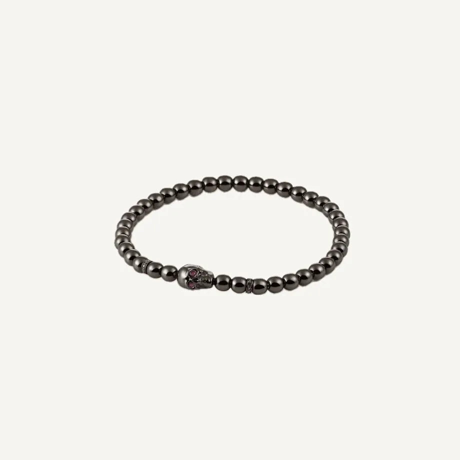 Al Coro Stretchy Men's Skull Bracelet in Black Ruthenium with Black Diamonds and Rubies - Orsini Jewellers