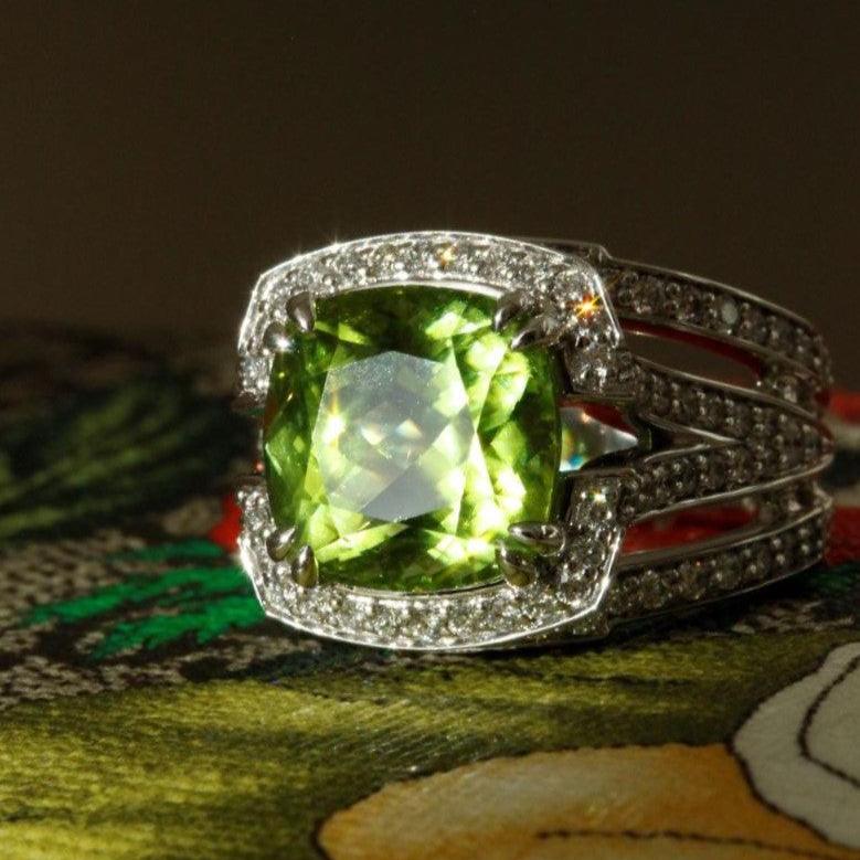 Cushion Cut Peridot and Diamond Ring in 18k White Gold - Orsini Jewellers