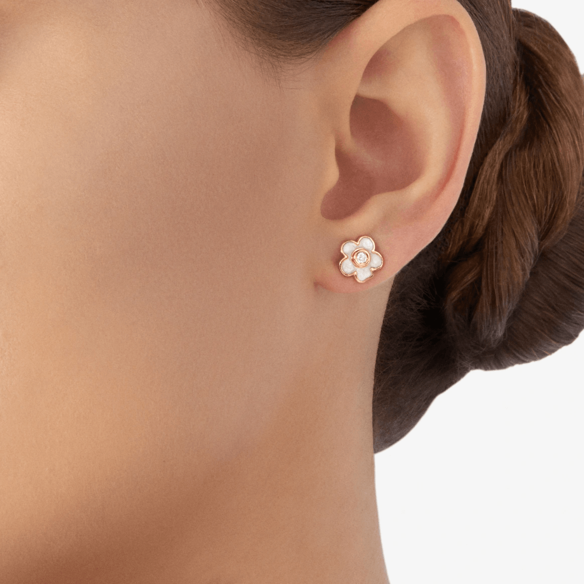 Dodo Flower Stud Earring in 9k Rose Gold with Mother of Pearl Effect Enamel - Orsini Jewellers