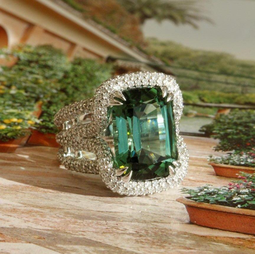 Green Tourmaline and Diamond Ring in 18k White Gold - Orsini Jewellers