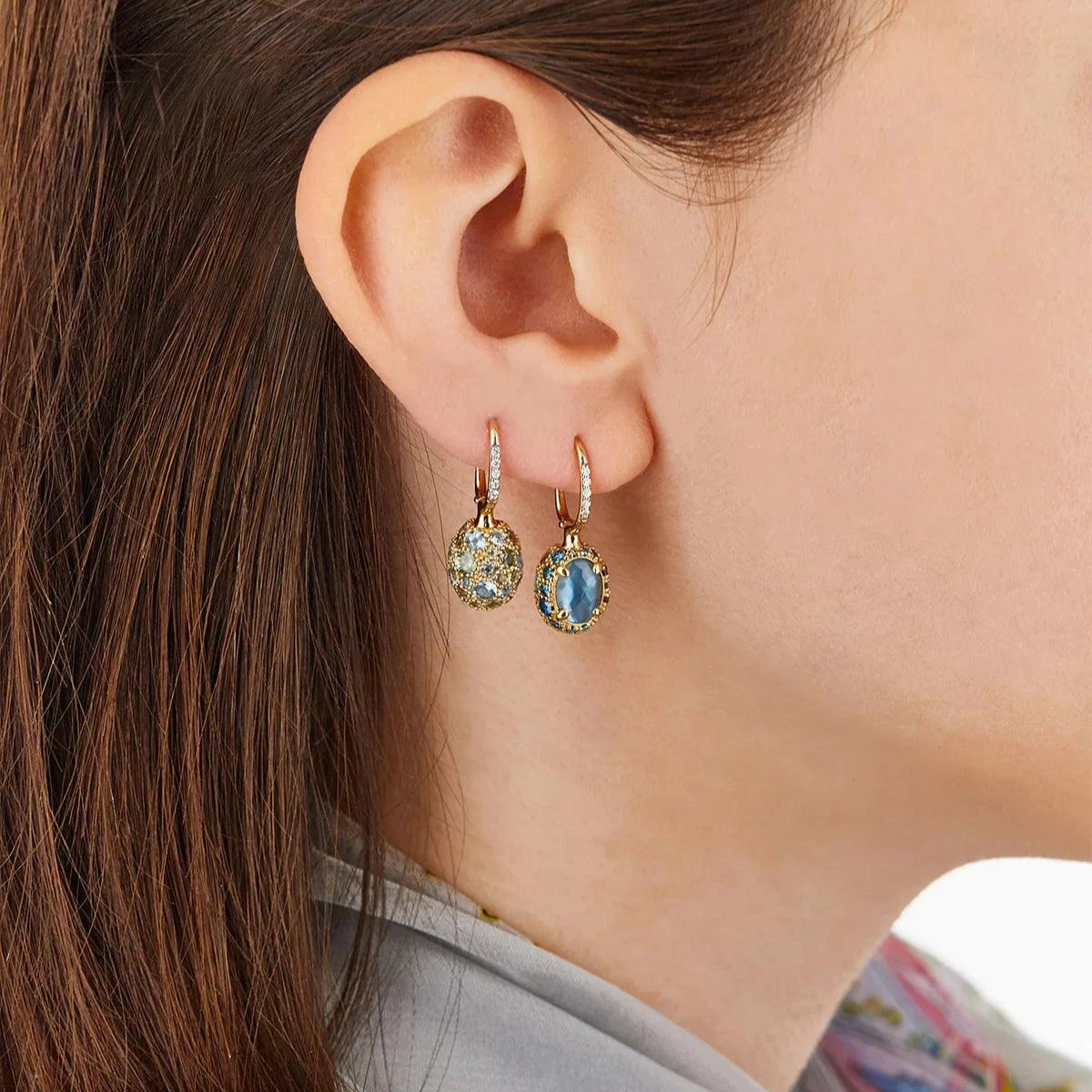 Nanis Reverse Gold, Blue Diamonds, Swiss Blue Topaz, Green Sapphires and London Blue Topaz Double Face Ball Drop Earrings (Small) - Orsini Jewellers