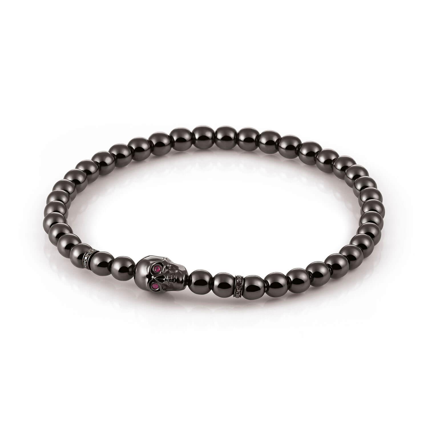 Al Coro Stretchy Men's Skull Bracelet in Black Ruthenium with Black Diamonds and Rubies - Orsini Jewellers