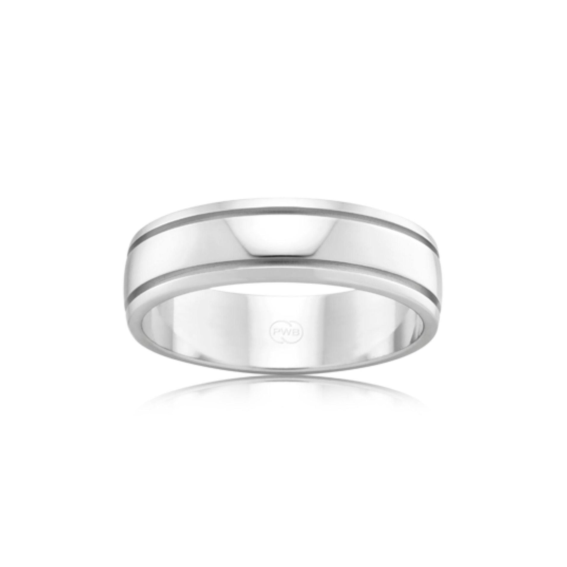 Barrel shaped wedding band with smooth finish & 2 grooves on the edges - Orsini Jewellers