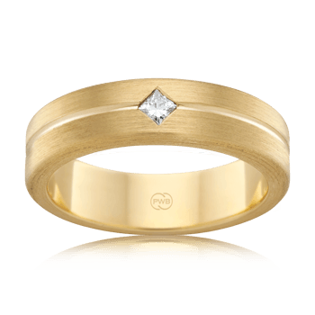 Mens Yellow Gold Brushed Wedding Ring with Angled Princess Cut Diamond - Orsini Jewellers